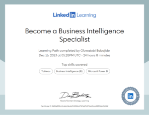 Babajide Oluwatobi Business Intelligence Specialist Certificate from LinkedIn