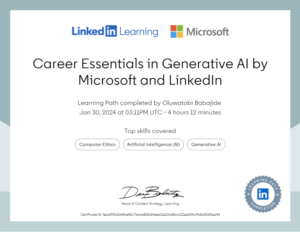 Babajide Oluwatobi Microsoft Certified Generative AI Specialist Certificate by Microsoft and LinkedIn