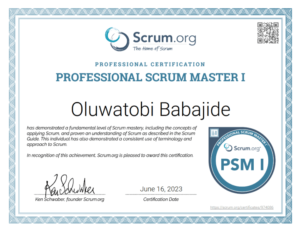 Babajide Oluwatobi Professional Scrum Master I Certificate Scrum.org